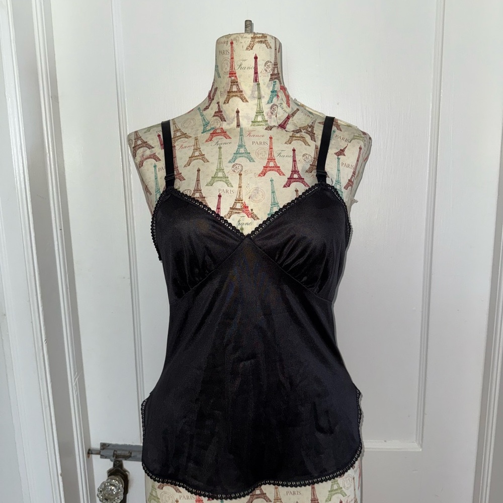 Vintage Black Satin Camisole Lingerie Top with Lace Trim